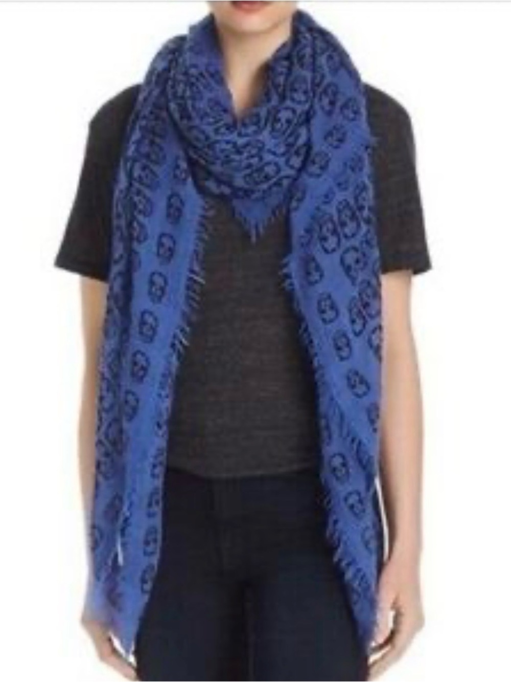 Zadig & Voltaire Blue Skull Print Frayed Edge Scarf